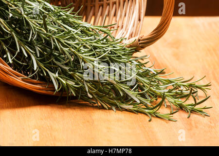 Rosemary (Rosmarinus officinalis) sprigs in a basket on wooden table Stock Photo