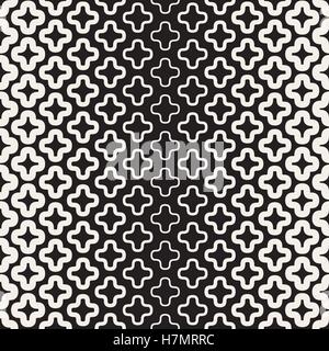 Vector Seamless Black And White Rounded Outline Cross Shape Gradient Halftone Pattern Abstract Background Stock Vector