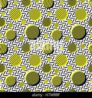 Vector Seamless Black White Yellow Vintage 80s Wavy Lines And Circles Jumble Pattern Abstract Background Stock Vector