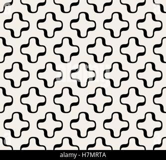 Vector Seamless Black and White Rounded Cross Plus Symbol Simple Line Pattern Abstract Background Stock Vector