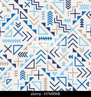 Vector Seamless Retro 80's  Jumble Geometric Line Shapes Blue Hipster Pattern on Grey Abstract Background Stock Vector