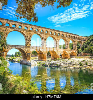 Roman aqueduct Pont du Gard, Unesco World Heritage site. Located near Nimes, Languedoc, France, Europe. Stock Photo