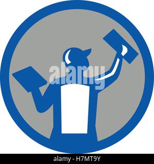 Illustration of a plasterer masonry tradesman construction worker holding trowel plastering viewed from rear set inside circle on isolated background done in retro style. Stock Vector