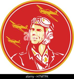 Illustration of a world war two pilot airman aviator smiling looking to the side with fighter planes in the background set inside circle done in retro style. Stock Vector