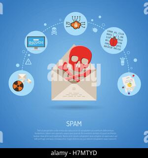 Cyber Crime and Spam Concept with Email and Skull Flat Icons, Virus, Bug and Error. vector illustration. Stock Vector