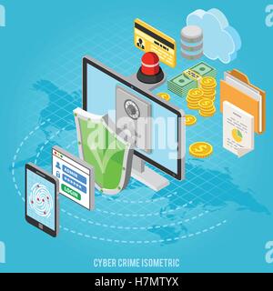 Cyber crime and data protection concept with isometric flat icons like shield, fingerprint, antivirus, safe and money. vector il Stock Vector
