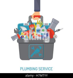 Plumbing Service Concept with Plumber Tools and Toolbox flat Icons in hand plumbing. Isolated vector illustration. Stock Vector