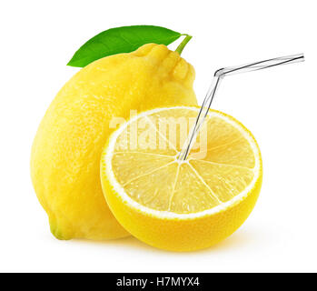 Isolated lemon juice. One and a half lemon fruit with straw in it, natural fresh juice concept isolated on white background with Stock Photo
