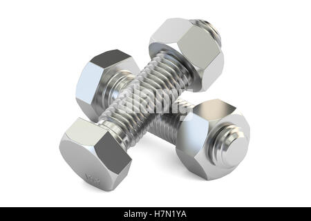 Bolts with nuts, 3D rendering isolated on white background Stock Photo