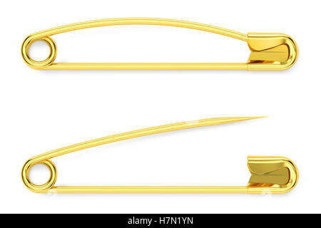 golden safety pins, 3D rendering isolated on white background Stock Photo