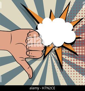 Hand sign thumbs down comic retro pop art style white round bubble. Gestures dislike. Cartoon comic vector colored speech bubble Stock Vector