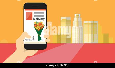 Hand Hold Cell Smart Phone Application Online Flower Delivery Banner Flat Vector Illustration Stock Vector