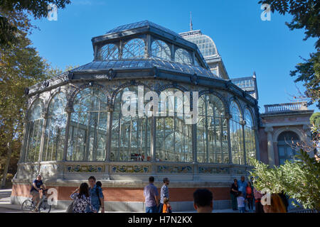 View of Crystal Palace, Palacio de cristal in Retiro Park. Madrid. Spain. Stock Photo