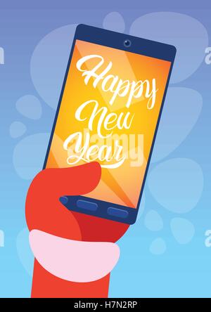 Santa Claus Hand Hold Cell Smart Phone Merry Christmas Greeting Card Happy New Year Flat Vector Illustration Stock Vector