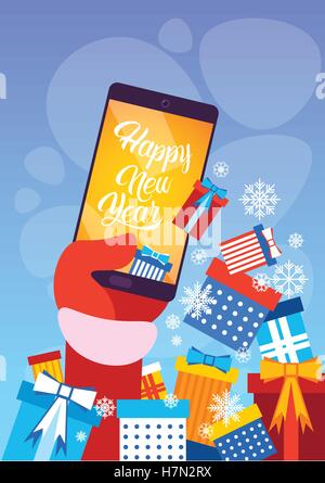 Santa Claus Hand Hold Cell Smart Phone Merry Christmas Greeting Card Happy New Year Flat Vector Illustration Stock Vector