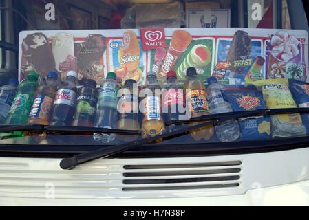 sweets candy confectionery fizzy drinks in an ice cream van window shop Stock Photo