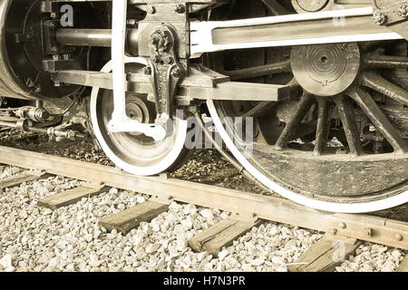 close up of vintage train wheels and track or rail Stock Photo