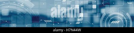 Abstract technology concept industrial web header banner. Vector header template with bridge landscape, circuit board, gears and Stock Vector