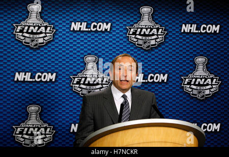 June 1, 2011; Vancouver, BC, CANADA; NHL commissioner Gary Bettman speaks at a press conference before game one of the 2011 Stanley Cup Finals between the Vancouver Canucks and the Boston Bruins at Rogers Arena. Stock Photo