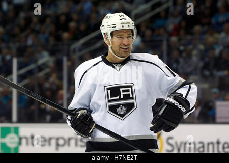 Nov 7, 2011; San Jose, CA, USA; Los Angeles Kings right wing Justin Williams (14) before a face off against the San Jose Sharks during the first period at HP Pavilion.  San Jose defeated Los Angeles 4-2. Stock Photo