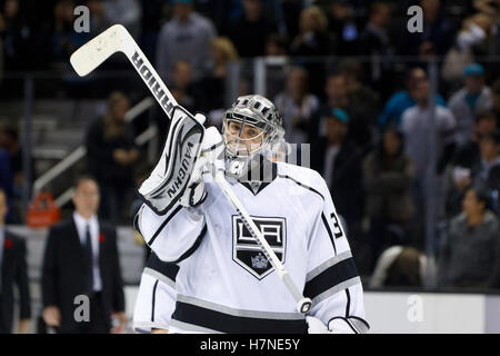 Nov 7, 2011; San Jose, CA, USA; Los Angeles Kings goalie Jonathan Quick (32) skates across the ice to the locker room after the game against the San Jose Sharks at HP Pavilion.  San Jose defeated Los Angeles 4-2. Stock Photo