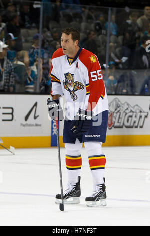 Dec 3, 2011; San Jose, CA, USA; Florida Panthers defenseman Ed Jovanovski (55) warms up before the game against the San Jose Sharks at HP Pavilion. Florida defeated San Jose 5-3. Stock Photo