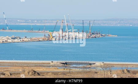 Taman, Russia - November 5, 2016: Construction of a bridge across the Kerch Strait, the views of the Tuzla Spit from the Taman P Stock Photo