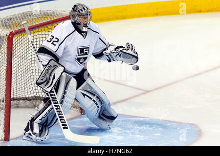 Dec 23, 2011; San Jose, CA, USA; Los Angeles Kings goalie Jonathan Quick (32) warms up before the game against the San Jose Sharks at HP Pavilion. Stock Photo