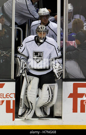 Dec 23, 2011; San Jose, CA, USA; Los Angeles Kings goalie Jonathan Quick (32) enters the ice before the game against the San Jose Sharks at HP Pavilion. San Jose defeated Los Angeles 2-1 in shootouts. Stock Photo