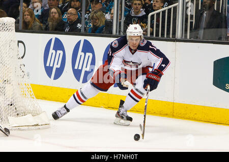 Jan 31, 2012; San Jose, CA, USA; Columbus Blue Jackets center Ryan Johansen (19) skates with the puck against the San Jose Sharks during the first period at HP Pavilion. Stock Photo