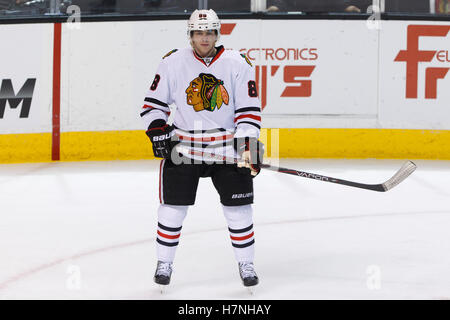 Feb 10, 2012; San Jose, CA, USA; Chicago Blackhawks right wing Patrick Kane (88) warms up before the game against the San Jose Sharks at HP Pavilion. San Jose defeated Chicago 5-3. Stock Photo