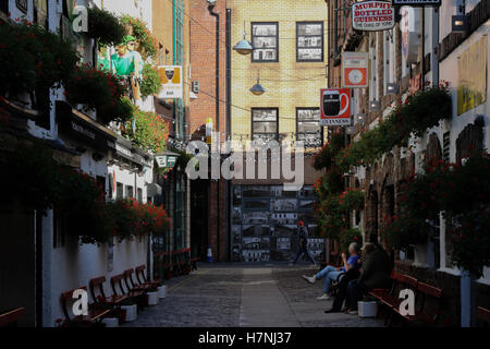 Late sun over Commercial Court, Cathedral Quarter, Belfast. The Duke of York pub is to the left, with The Harp Bar ahead. Stock Photo