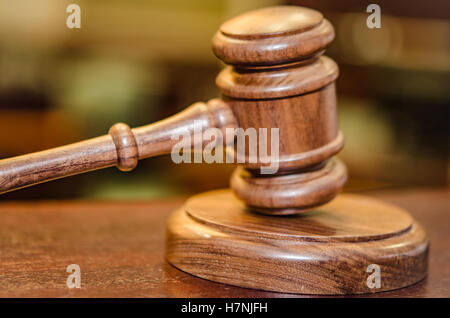 Gavel on Judge's bench in Courtroom Stock Photo