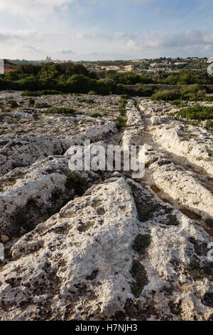 Malta cart-ruts at 'Clapham Junction', near Dingli, hundreds of branching mystery ruts in the stone of Misrah Ghar il-Kbir Stock Photo