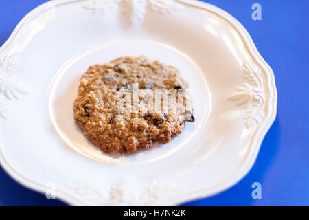 A single homemade oatmeal raisin cookie with walnuts on a white plate, blue background. USA Stock Photo