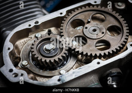 Close up shot the timing sprockets from a boxer motorcycle engine. Stock Photo