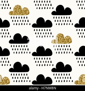 Seamless repeating pattern with textured gold glitter and black cloud shapes and raindrops on cream background. Cute and modern  Stock Vector
