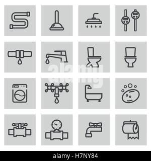 Vector black line plumbing icons set on grey background Stock Vector
