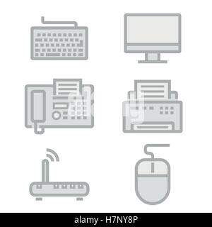 Vector black line office devices icons set on white background Stock Vector
