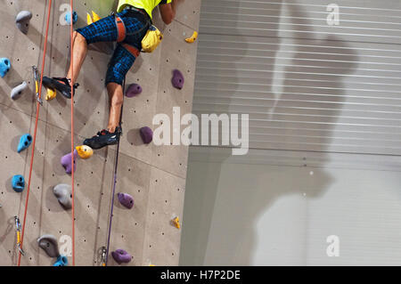 Man Climbing with Ropes on Climbing Wall Stock Photo