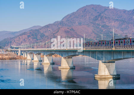 Seoul Subway and Bridge at Hanriver in Seoul, South korea Stock Photo