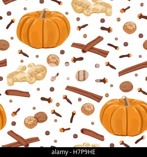Pumpkin spice. seamless pattern vector set. Pumpkin, nutmeg, ginger, cloves, cinnamon, allspice. For food design, textile, resta Stock Vector