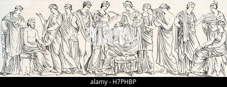 Guests celebrating a marriage in Ancient Greece. The figure in the centre is reciting an epithalamium, an epic poem written especially for the bride on the way to her marital chamber. Stock Photo