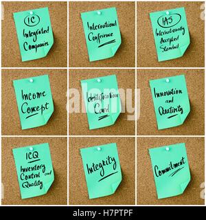 Collage of Business Acronyms written on green paper note pinned on cork board with white thumbtack, copy space available Stock Photo