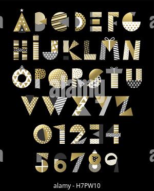 Modern set of gold Christmas font, elegant abstract letters and numbers with holiday gift decoration. EPS10 vector. Stock Vector