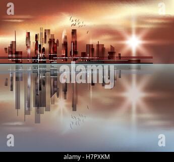 Harbor and city at night with reflection in water Stock Vector