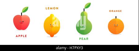 Set / collection of colorful isolated flat vector fruit: apple, lemon, pear and orange with gradient Stock Vector