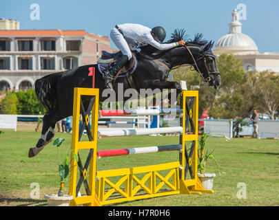 Horse and rider competing in an equestrian showjumping sports competition jumping over hurdle outdoors Stock Photo