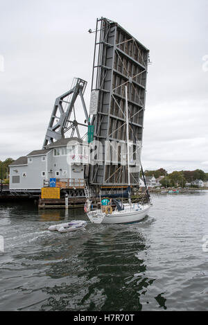 Mystic River highway bridge Connecticut USA - The lifting Bridge which crosses the Mystic River in open position Stock Photo