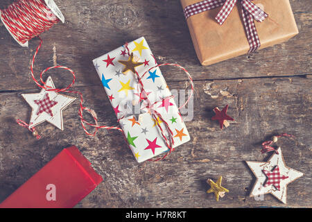 process of packing holiday gifts with effect instagram. Stock Photo